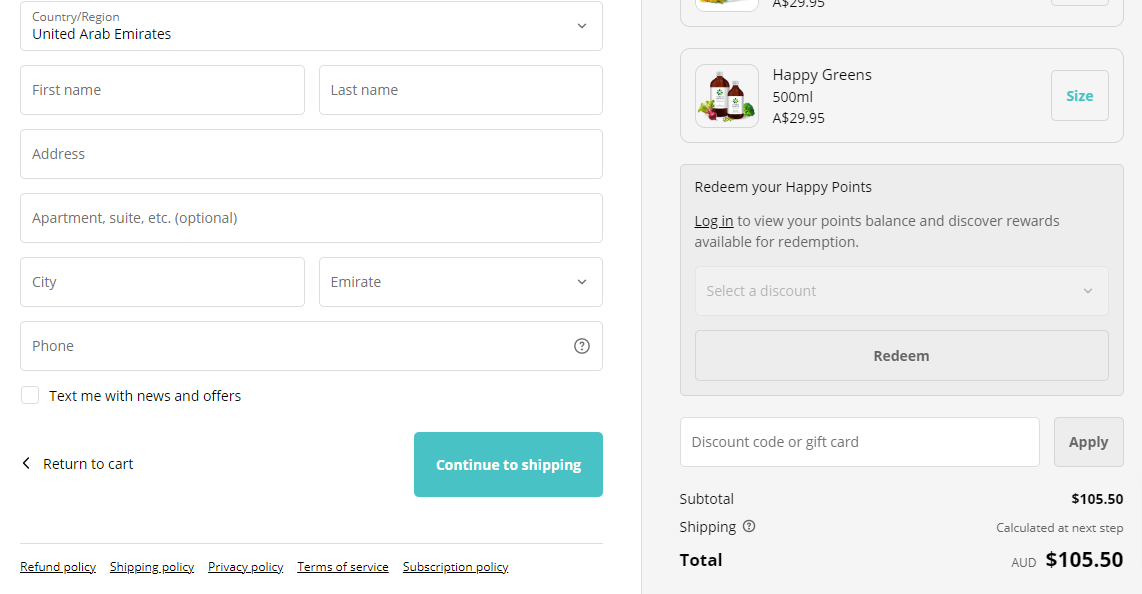 The brand checkout page with where to add the Happy Healthy You promo code is highlighted with a red box