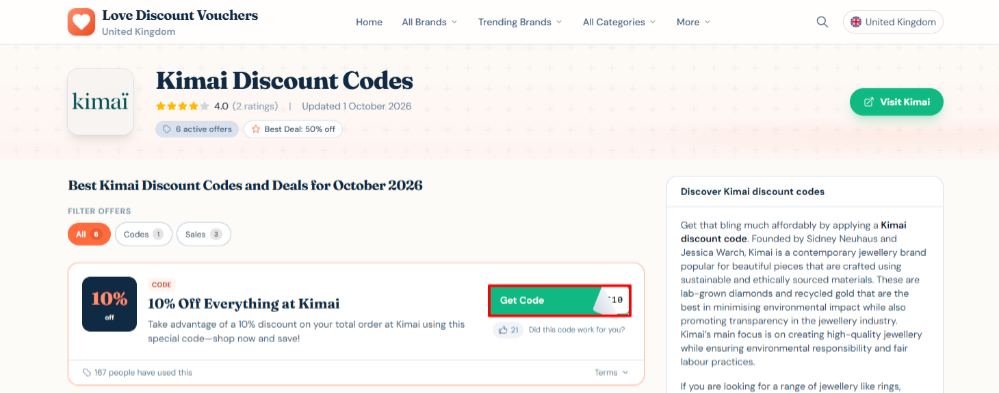 Choosing a Kimai code on Love Discount Vouchers