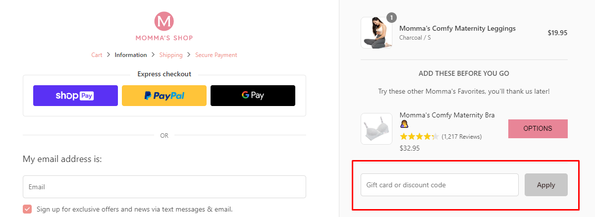 How do I use my Momma's Shop discount code?