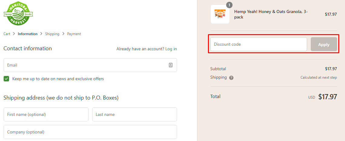 How do I use my Manitoba Harvest discount code?
