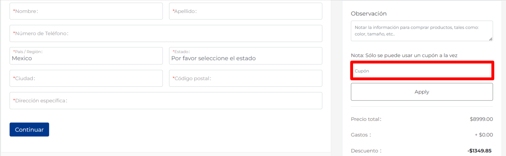 Página de pago de la marca donde agregar el código promocional XP-Pen resaltado con un cuadro rojo