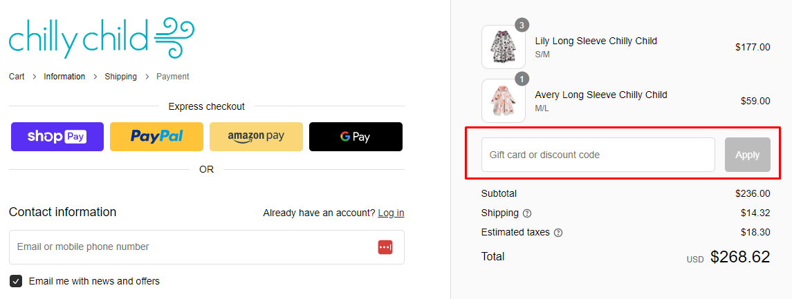 How do I use my Chilly Child discount code?