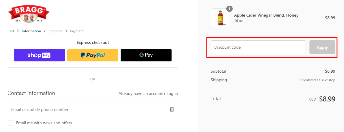 How do I use my Bragg discount code?
