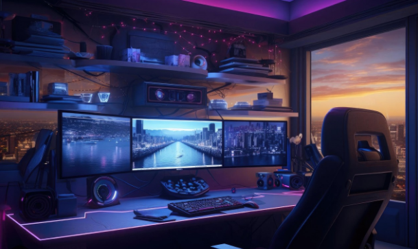 Silla de gamer frente a un escritorio de gamer en una habitación de gamer al atardecer
