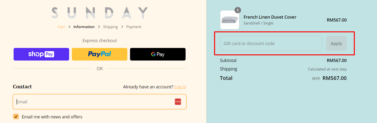 How do I use my Sunday Bedding discount code?