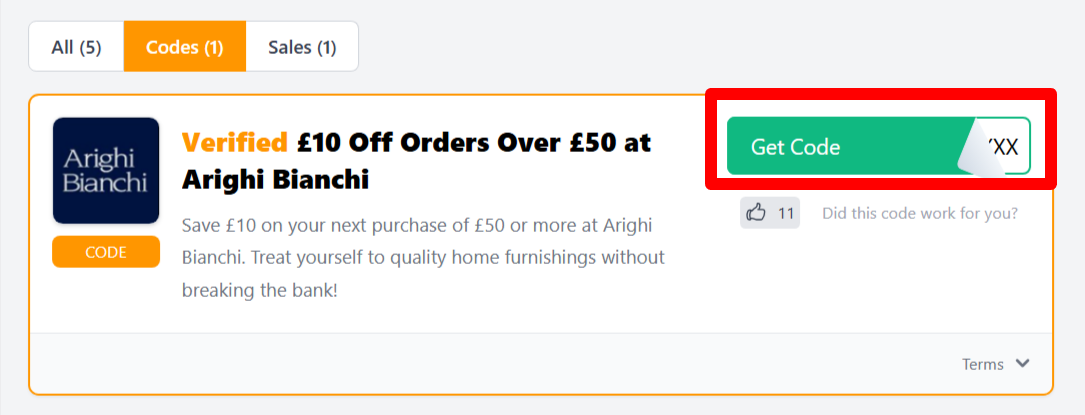 The Love Discount Vouchers page shows Arighi Bianchi promo codes and offers to use on your purchase.