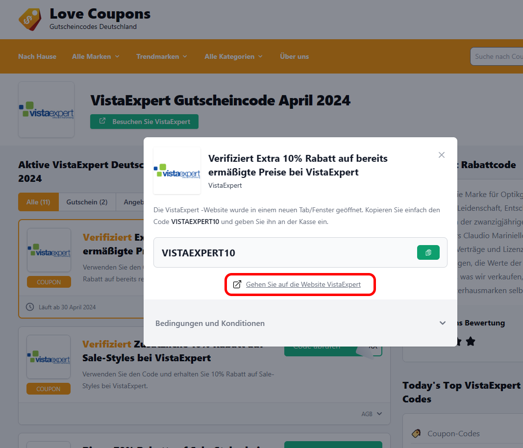 Die Love Coupons Seite mit einem offenen Rabattcode und rotmarkiertem Link für VistaExpert