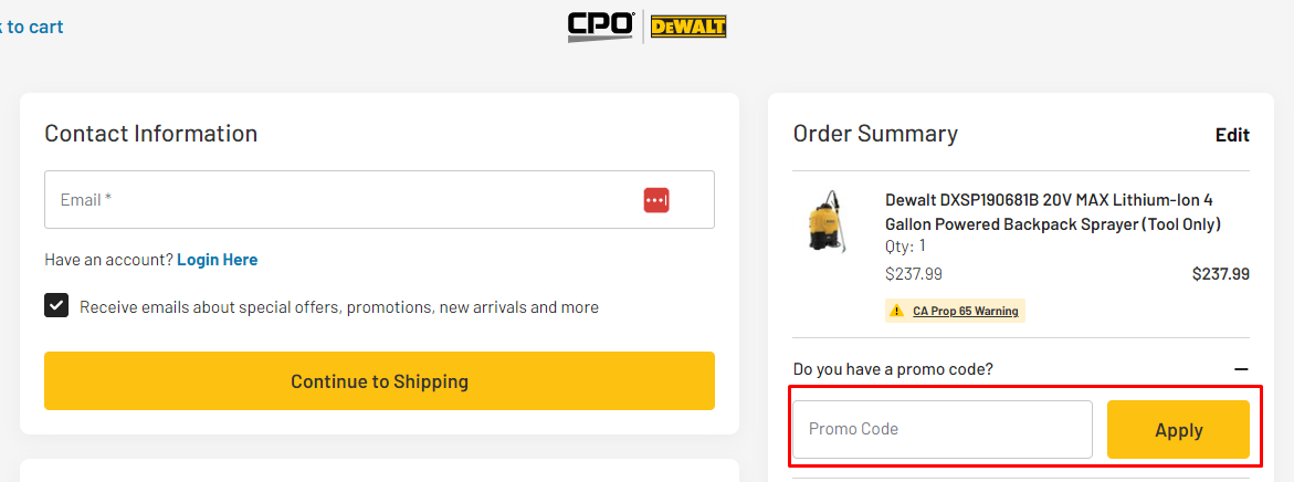 How do I use my CPO DEWALT promo code?