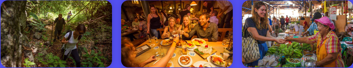 Local guides walking through nature, hostels with people drinking and eating, local markets