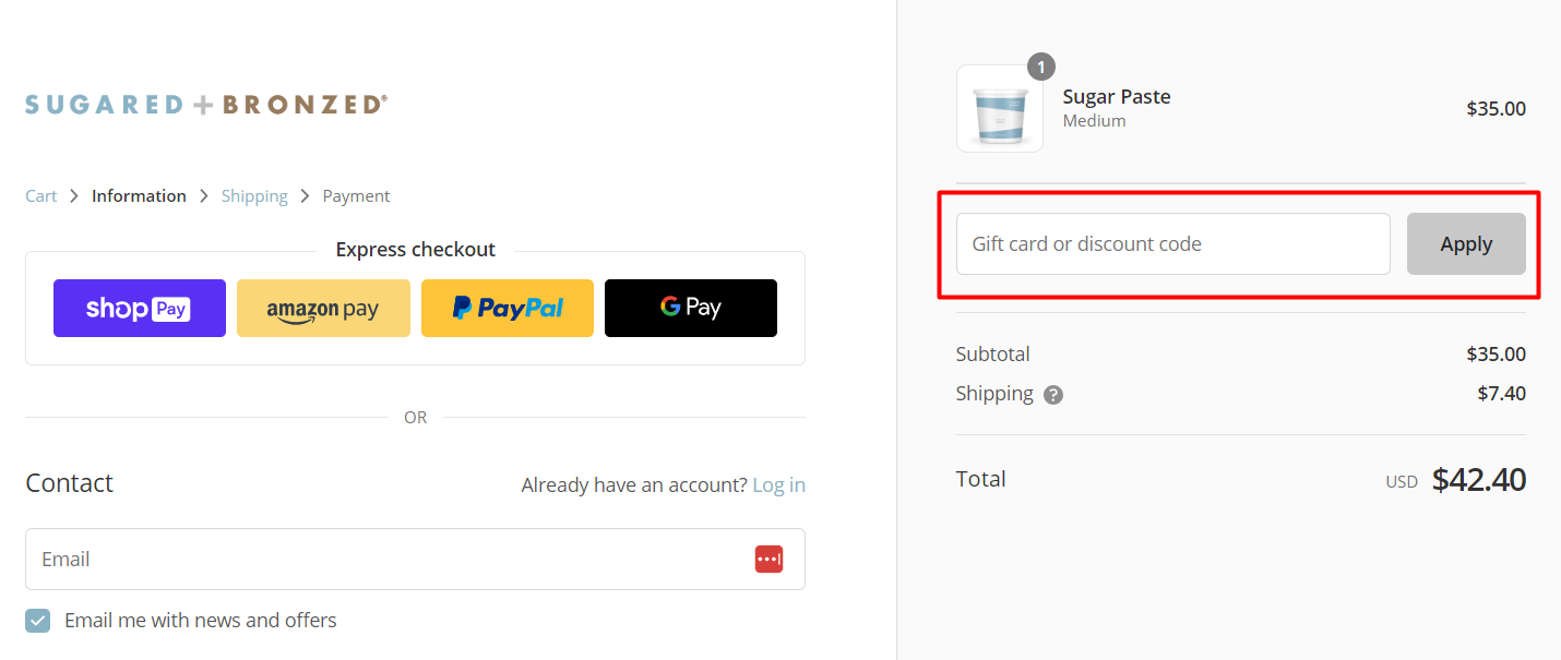 How do I use my SUGARED + BRONZED discount code?