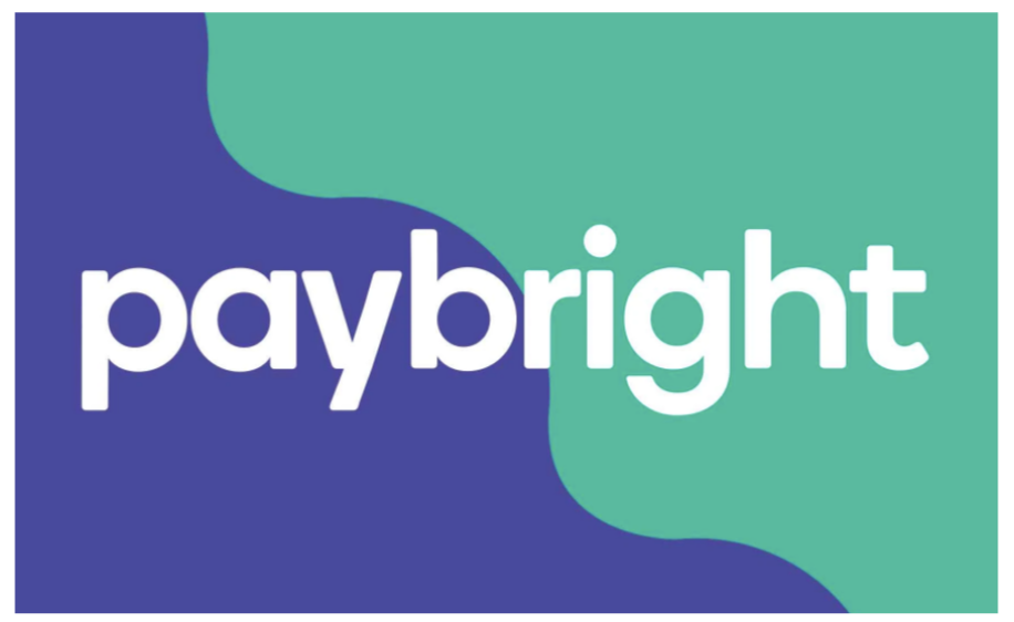 Big Paybright logo vertically written in white all on a blue and green background