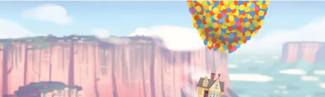A house tied to a lot of balloons flying over valleys next to mountains