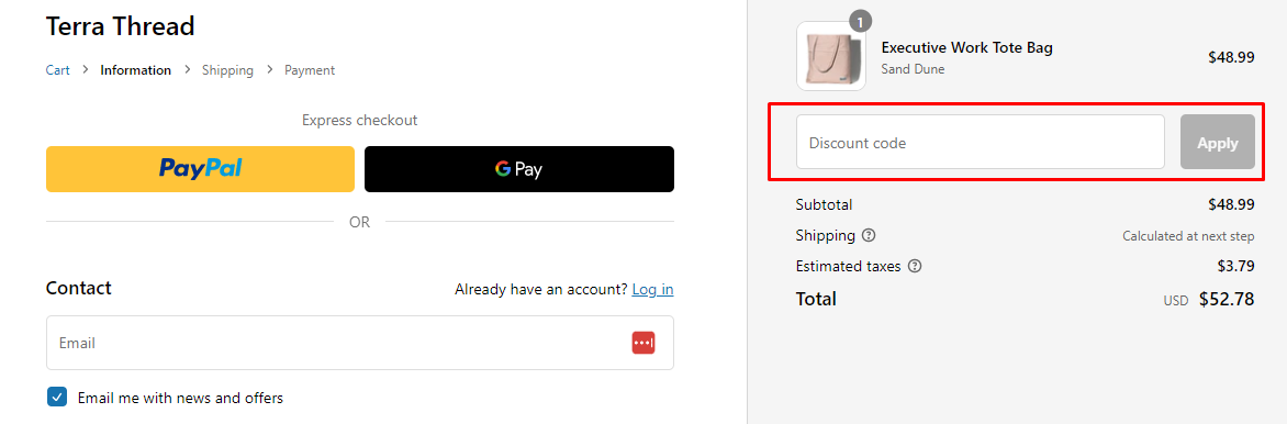 How do I use my Terra Thread discount code?