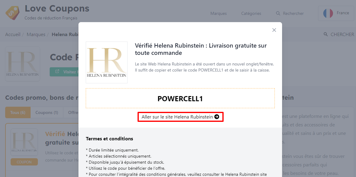 Une boîte affichée sur un fond sombre d'un Helena Rubinstein code promo avec les termes et conditions affichés.