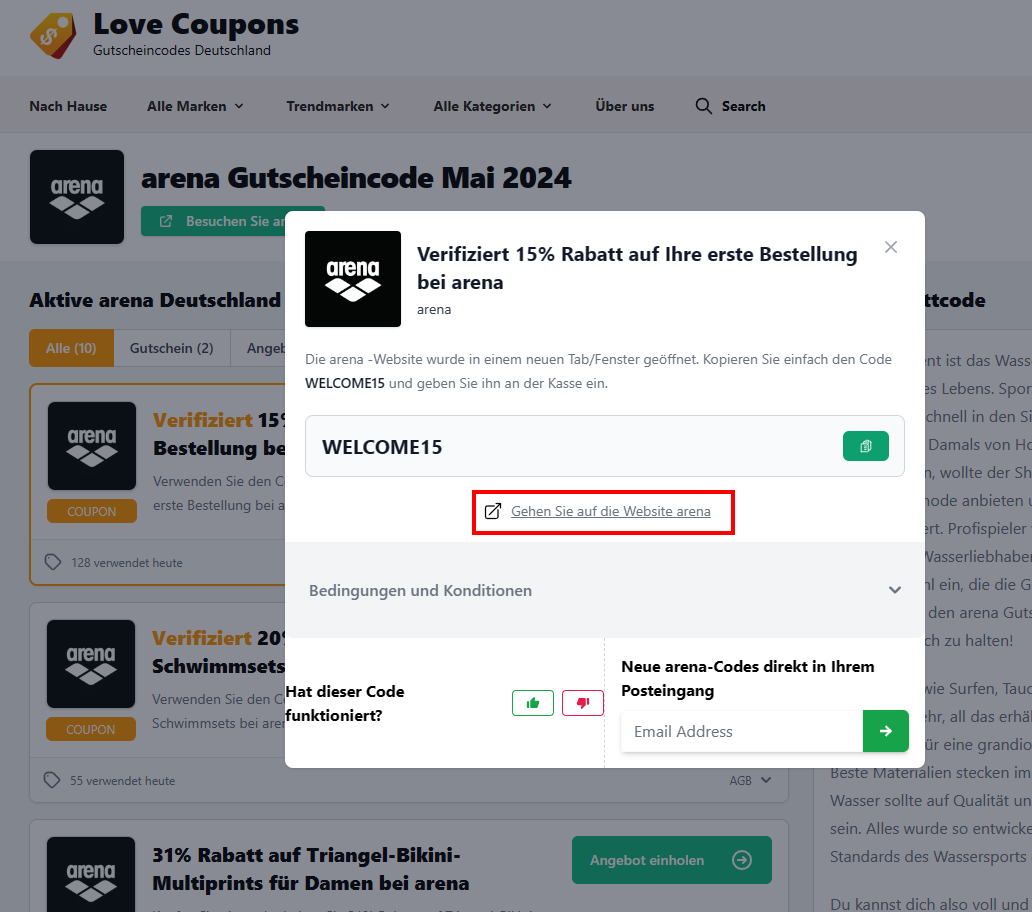 Die Love Coupons Seite mit einem offenen Rabattcode und rotmarkiertem Link für arena
