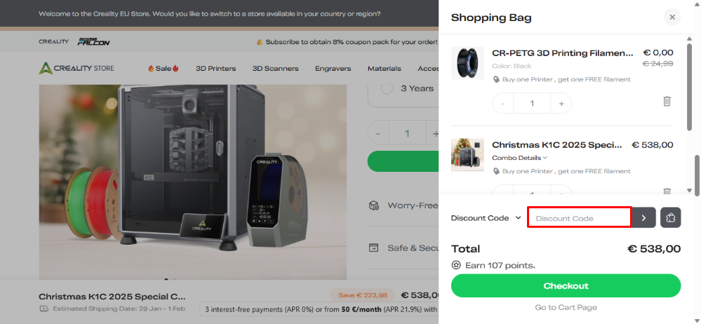 Shopping bag tab where you can apply your Creality discount code