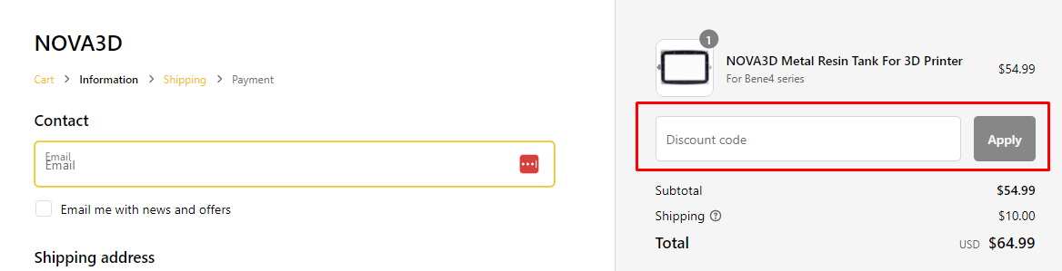 How do I use my Nova3D discount code?
