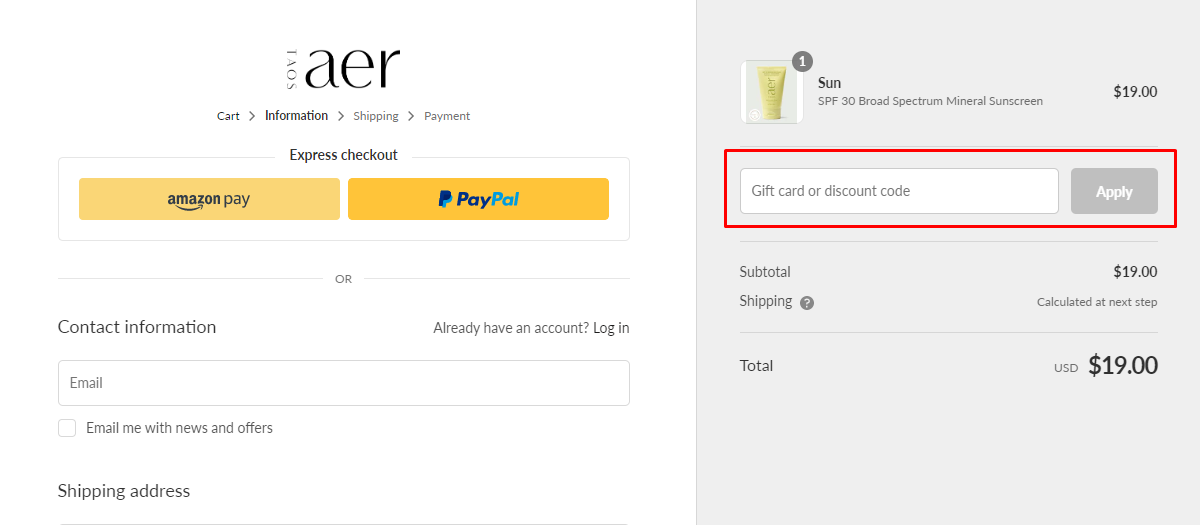 How do I use my TAOS AER discount code?