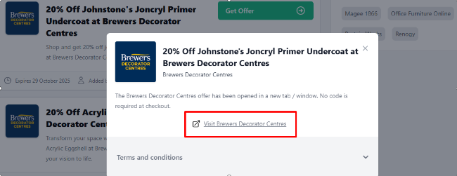 A Brewers Decorator Centres discount code on an onscreen page on our site