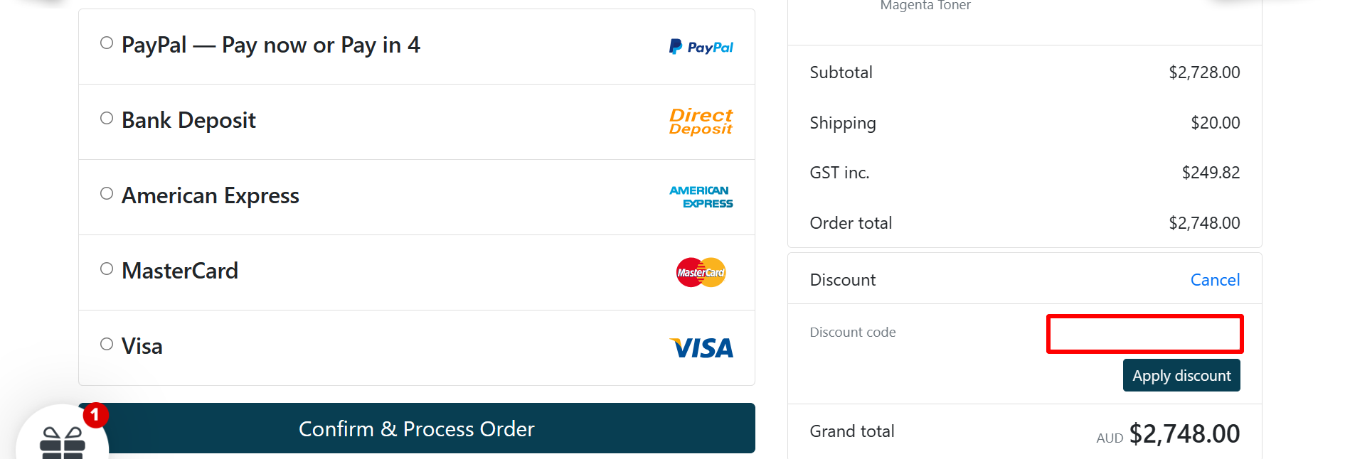 The highlighted red box at the brand checkout page is showing where to add the Inkspot discount code.