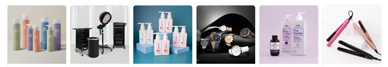 AMR Hair & Beauty products they offer displayed in a row on their website