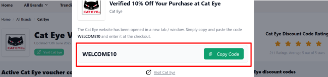 Cat Eye UK voucher code displayed with a copy button for customers