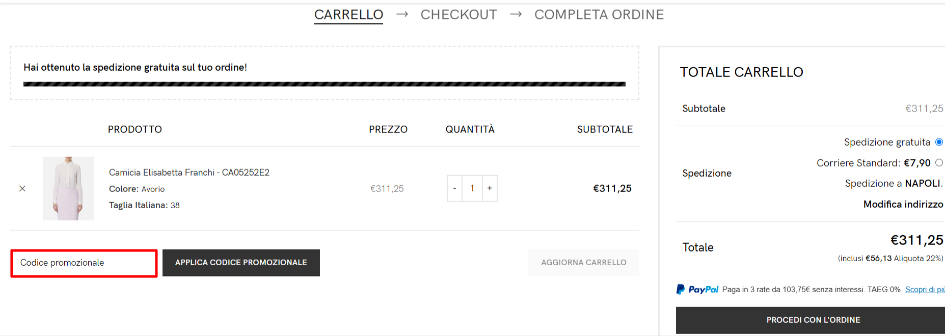 sezione checkout della piattaforma D'aniello Boutique in cui inserire un codice sconto D'aniello Boutique e applicare la promozione