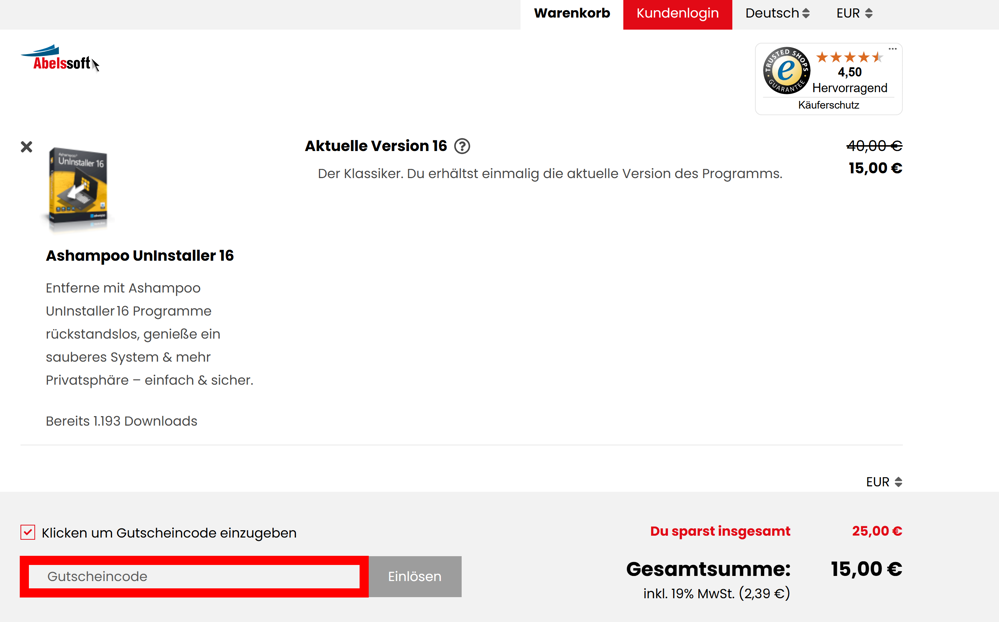 Checkout von Abelssoft mit rotmarkierten Eingabefeld für Rabattcodes