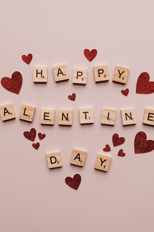 A bunch of letter spelling out "Happy Valentine's Day" surrounded by hearts