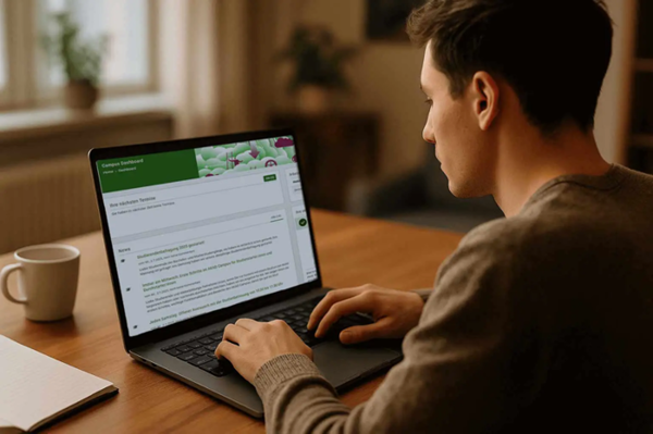 Ein Mann, der an einem Tisch mit Kaffeetasse einen Laptop bedient