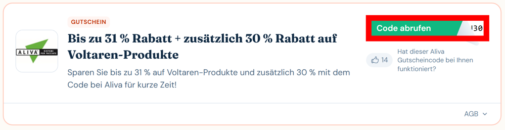 Angaben zu einem Rabattcode für Aliva mit rotmarkiertem grünen Button