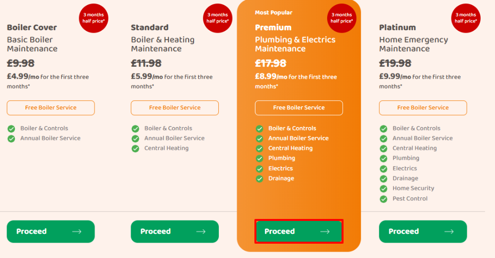 The types of PlusHeat cover with "Proceed" in a red box.