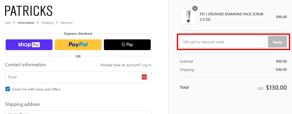 How do I use my Patricks discount code?