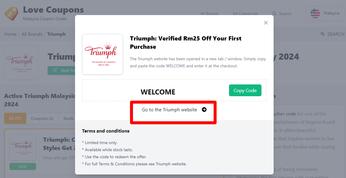 Box displayed on a darkened background of a Triumph voucher code with the terms and conditions showing
