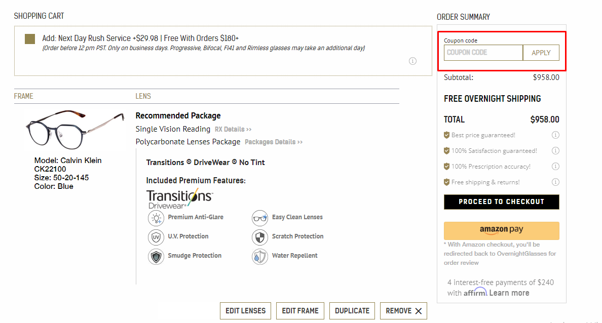 How do I use my Overnight Glasses coupon code?