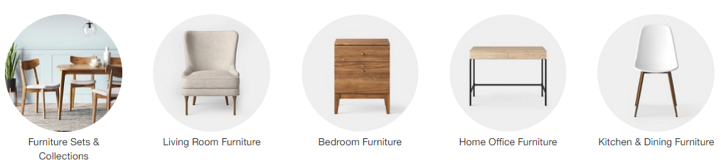 A collage of pictures showing furniture that can have Target coupon codes applied on, including that for the living room, home office, dining and kitchen