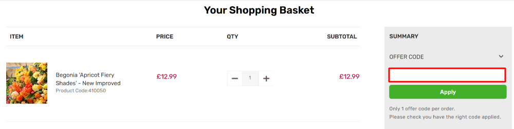 The Gardening Direct shopping basket page with where to paste the Gardening Direct discount code in a red box