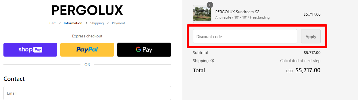 Pergolux checkout page with total price also showing the red box where the customer can place the Pergolux coupon code