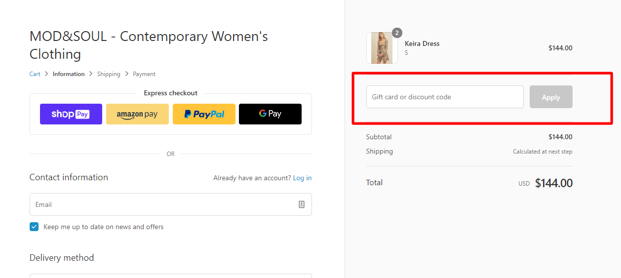 How do I use my mod&soul discount code?