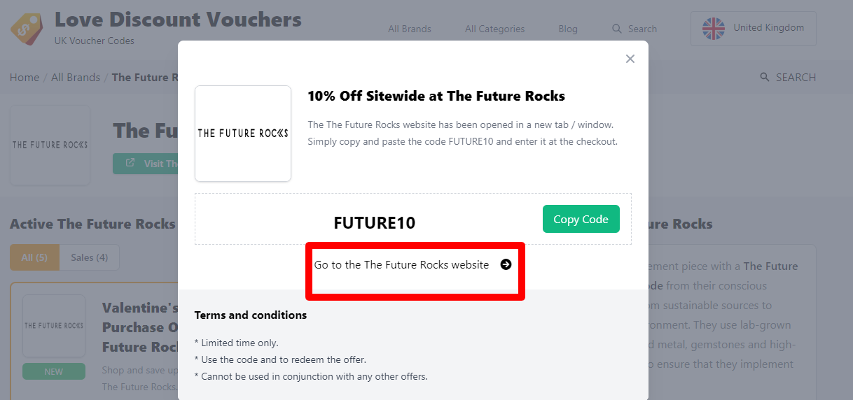 Box displayed on a darkened background of a The Future Rocks voucher code with the terms and conditions showing