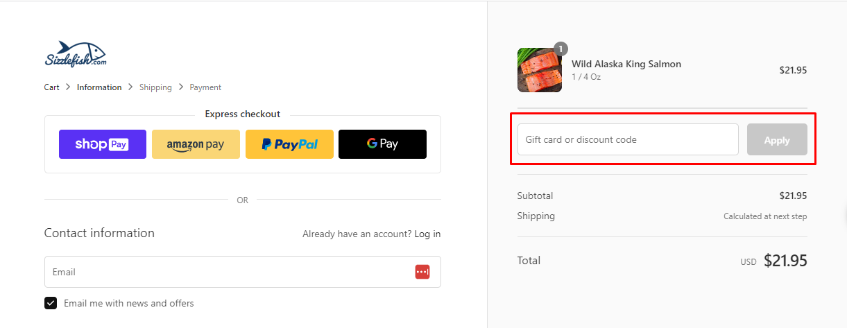 How do I use my Sizzlefish discount code?