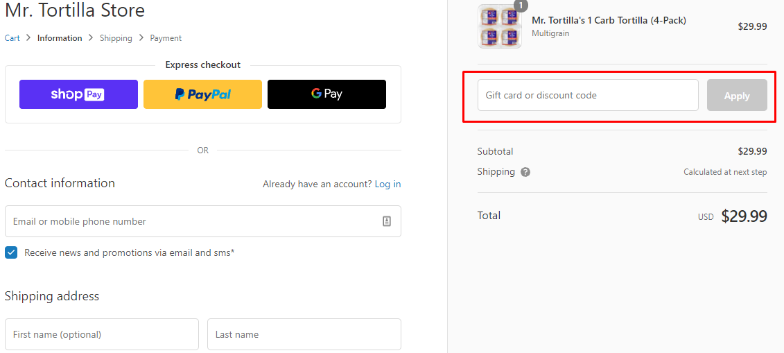 How do I use my Mr. Tortilla discount code?