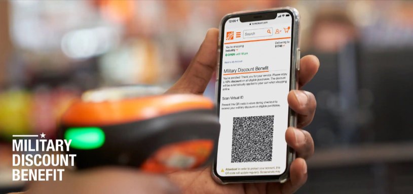Customer using their phone showing The Home Depot military discount
