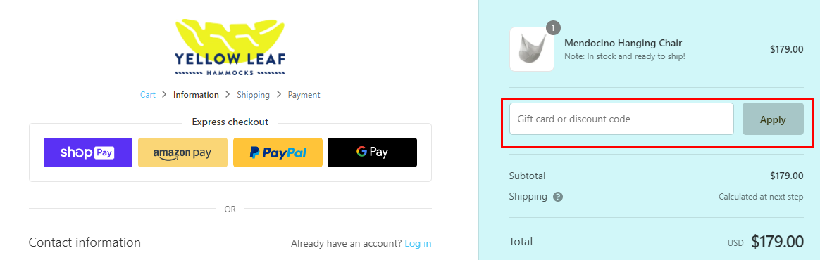 How do I use my Yellow Leaf Hammocks discount code?