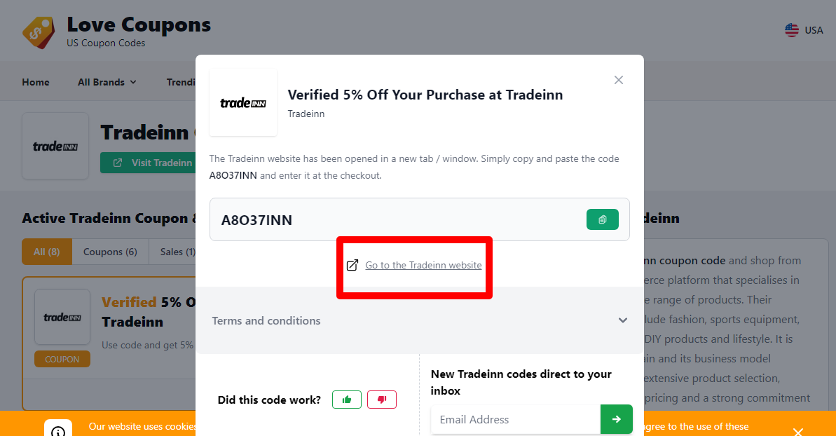 Box displayed on a darkened background of a Tradeinn coupon code with the terms and conditions showing