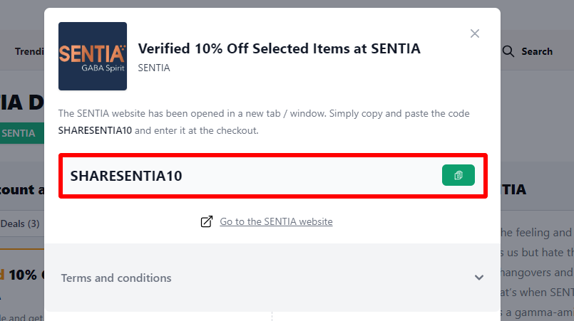 Box displayed on a darkened background of a SENTIA coupon code with the terms and conditions showing