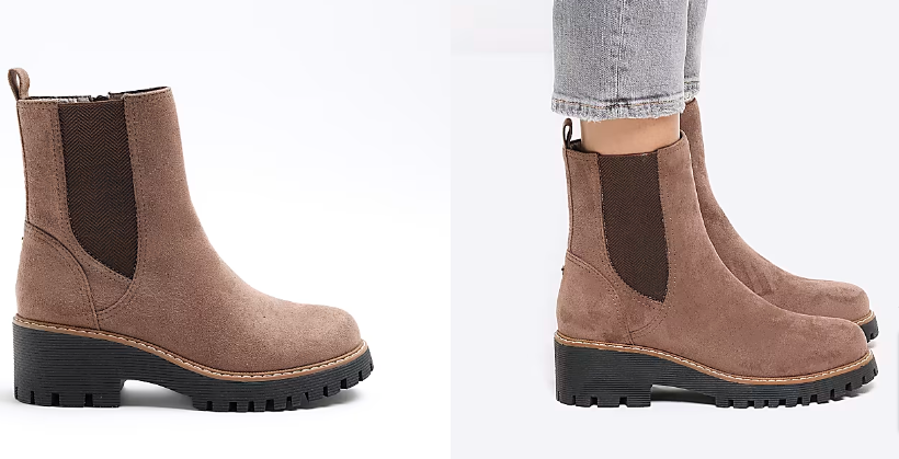 A collage of brown suedette ankle boot and the other showing feet wearing the boots