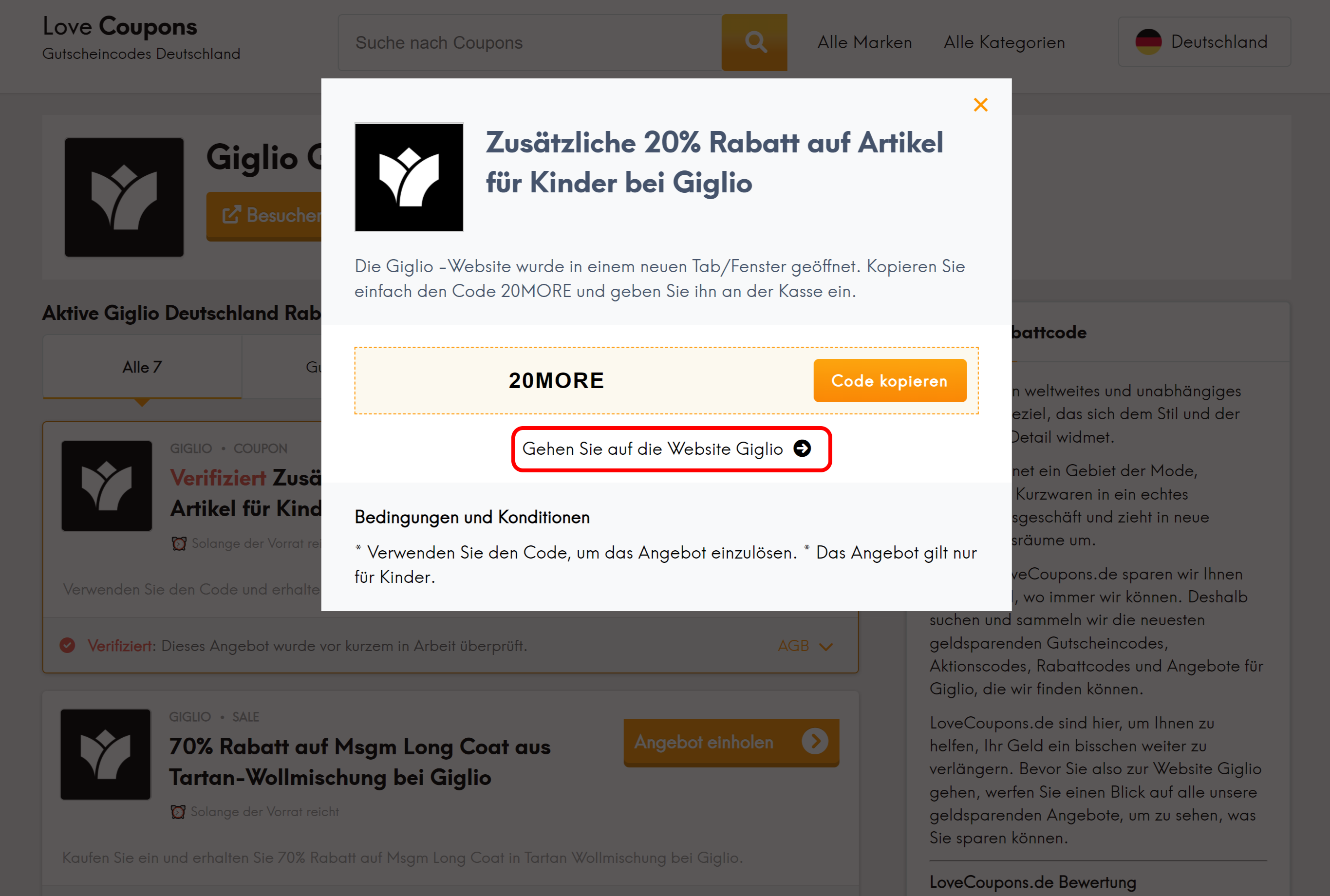 Die Seite von Love Coupons mit einem offenen Giglio Rabattcode