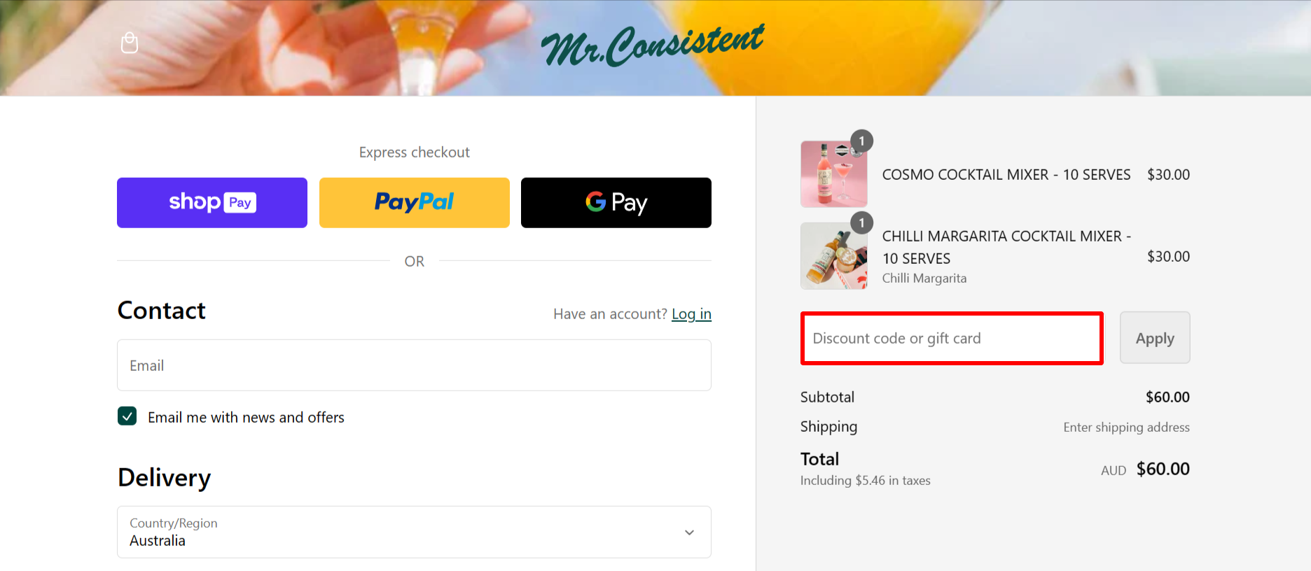 The highlighted red box at the brand checkout page is showing where to add the Mr. Consistent discount code.