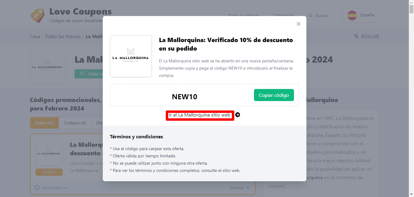 Cuadro mostrado sobre un fondo oscuro de un  código promocional de La Mallorquina enseñando los términos y condiciones